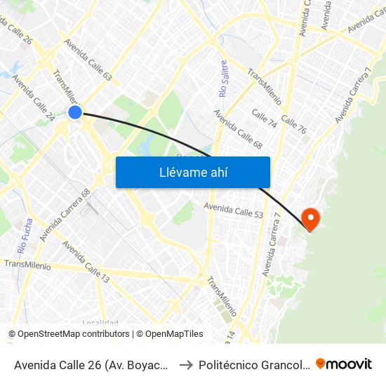 Avenida Calle 26 (Av. Boyacá - Ac 26) (A) to Politécnico Grancolombiano map