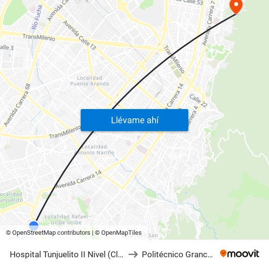 Hospital Tunjuelito II Nivel (Cl 52 Sur - Kr 14) to Politécnico Grancolombiano map