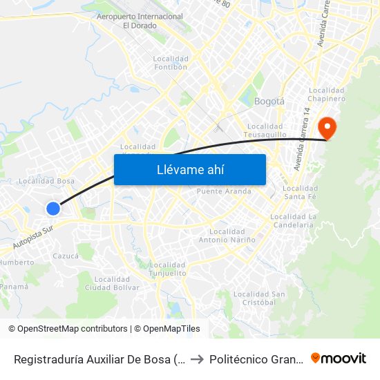 Registraduría Auxiliar De Bosa (Tv 78l - Dg 69c Sur) to Politécnico Grancolombiano map
