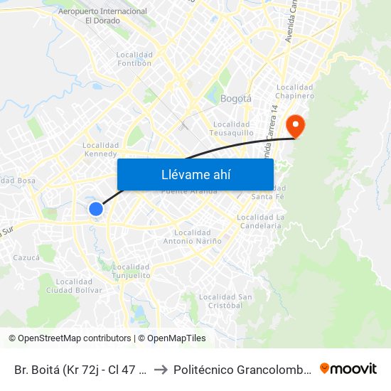 Br. Boitá (Kr 72j - Cl 47 Sur) to Politécnico Grancolombiano map