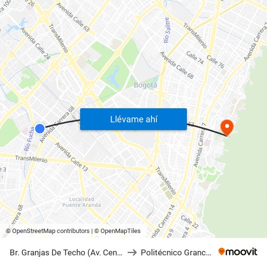 Br. Granjas De Techo (Av. Centenario - Kr 65) to Politécnico Grancolombiano map