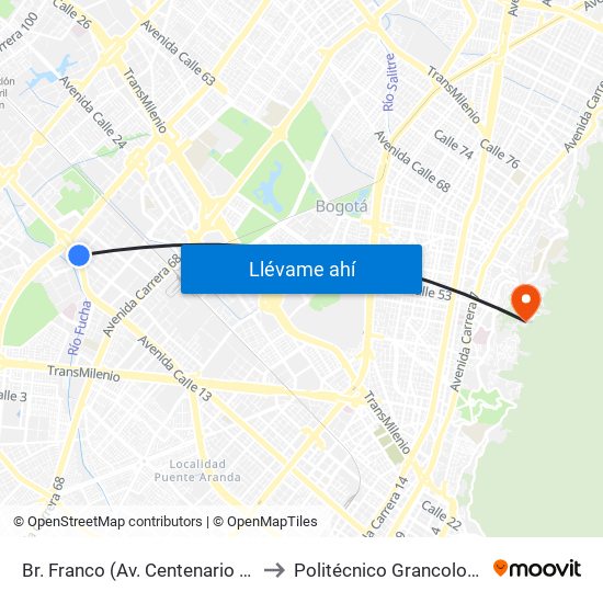 Br. Franco (Av. Centenario - Kr 69b) to Politécnico Grancolombiano map