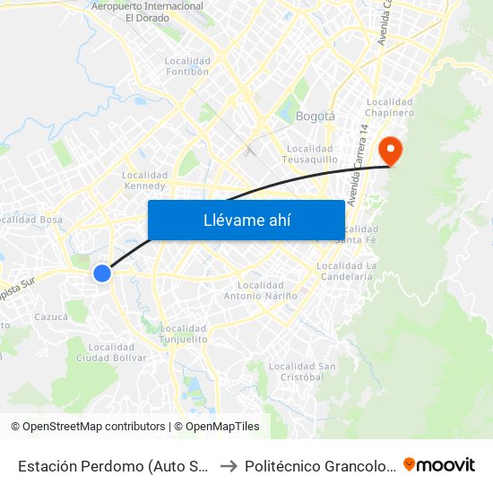 Estación Perdomo (Auto Sur - Kr 72) to Politécnico Grancolombiano map