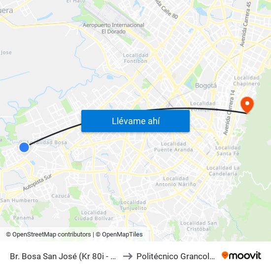 Br. Bosa San José (Kr 80i - Cl 85b Sur) to Politécnico Grancolombiano map