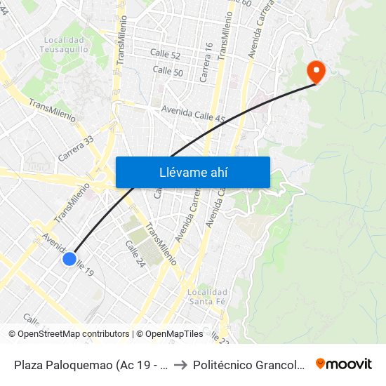 Plaza Paloquemao (Ac 19 - Kr 25) (A) to Politécnico Grancolombiano map