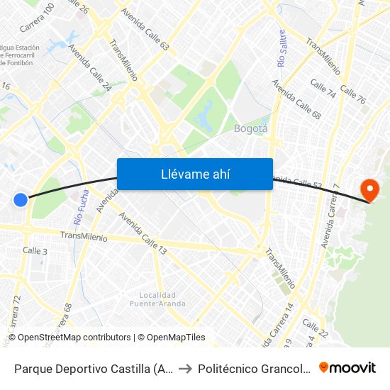 Parque Deportivo Castilla (Ac 8 - Kr 73) to Politécnico Grancolombiano map