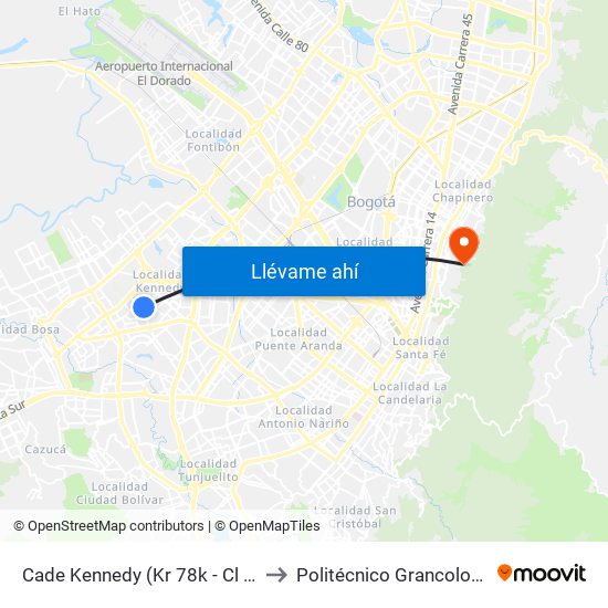 Cade Kennedy (Kr 78k - Cl 37a Sur) to Politécnico Grancolombiano map