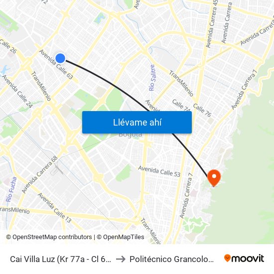 Cai Villa Luz (Kr 77a - Cl 63f Bis) to Politécnico Grancolombiano map