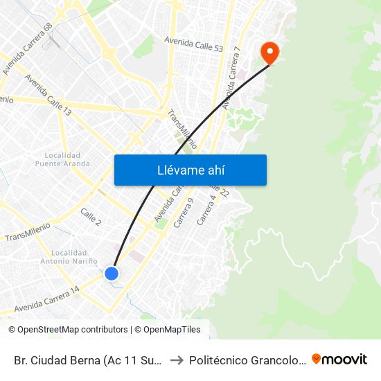 Br. Ciudad Berna (Ac 11 Sur - Kr 12c) to Politécnico Grancolombiano map