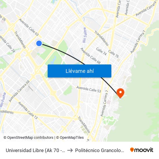 Universidad Libre (Ak 70 - Cl 54) to Politécnico Grancolombiano map