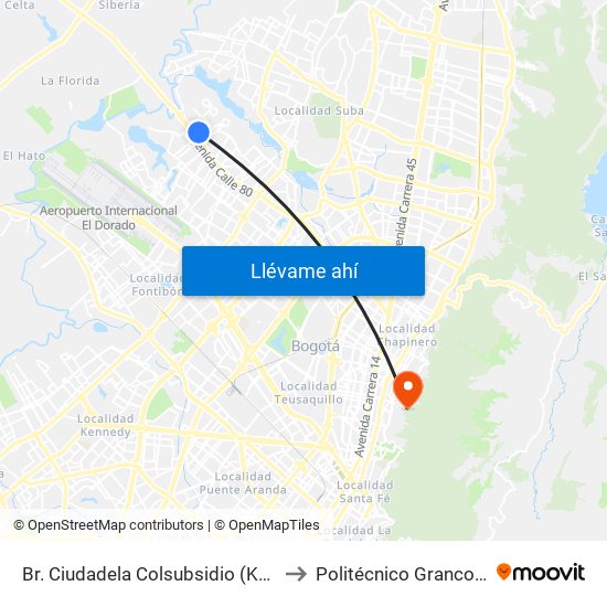Br. Ciudadela Colsubsidio (Kr 114 - Ac 80) to Politécnico Grancolombiano map
