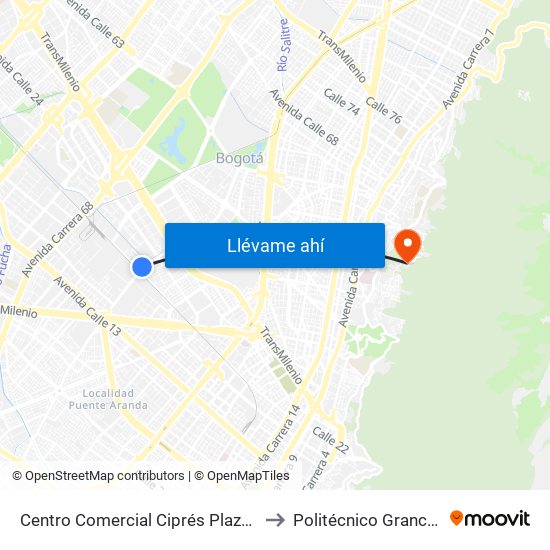 Centro Comercial Ciprés Plaza (Ak 50 - Cl 21) to Politécnico Grancolombiano map