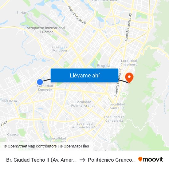 Br. Ciudad Techo II (Av. Américas - Kr 82a) to Politécnico Grancolombiano map