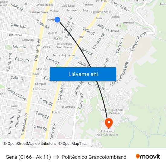 Sena (Cl 66 - Ak 11) to Politécnico Grancolombiano map