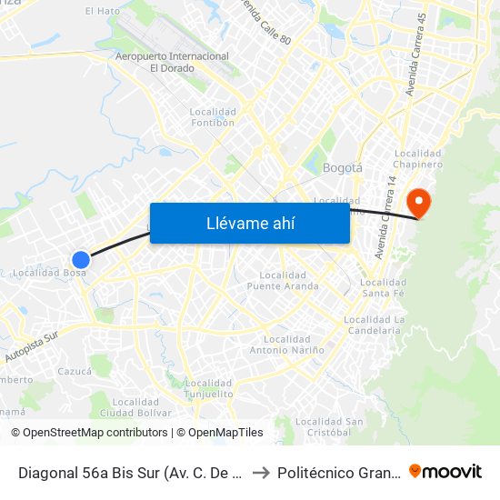 Diagonal 56a Bis Sur (Av. C. De Cali - Dg 56a Bis Sur) to Politécnico Grancolombiano map