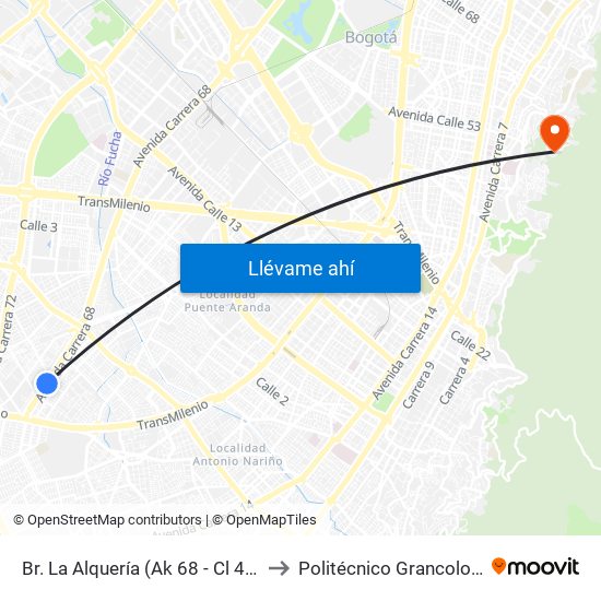 Br. La Alquería (Ak 68 - Cl 40 Sur) (A) to Politécnico Grancolombiano map