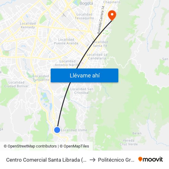 Centro Comercial Santa Librada (Av. Caracas - Cl 74c Sur) (A) to Politécnico Grancolombiano map
