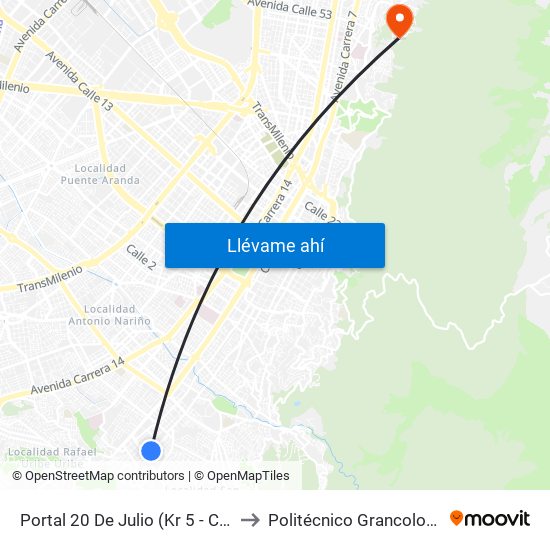 Portal 20 De Julio (Kr 5 - Cl 31 Sur) to Politécnico Grancolombiano map