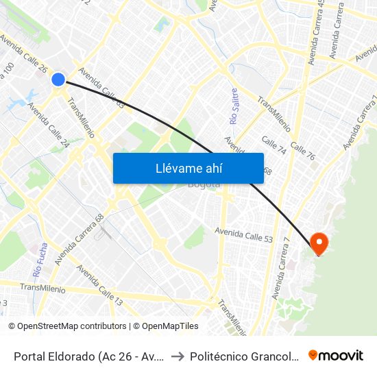 Portal Eldorado (Ac 26 - Av. C. De Cali) to Politécnico Grancolombiano map