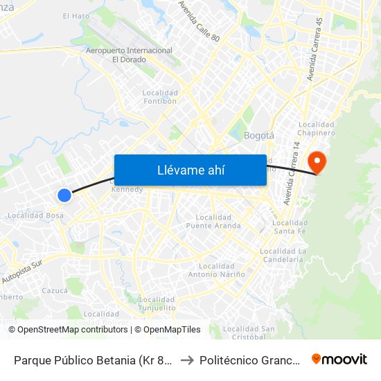 Parque Público Betania (Kr 87 - Cl 51b Sur) to Politécnico Grancolombiano map