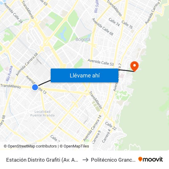 Estación Distrito Grafiti (Av. Américas - Kr 53a) to Politécnico Grancolombiano map