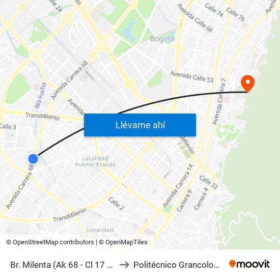 Br. Milenta (Ak 68 - Cl 17 Sur) (B) to Politécnico Grancolombiano map