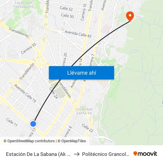 Estación De La Sabana (Ak 18 - Ac 13) to Politécnico Grancolombiano map