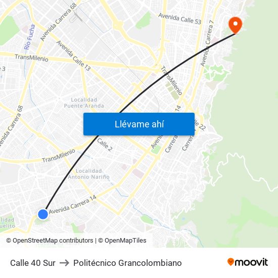 Calle 40 Sur to Politécnico Grancolombiano map