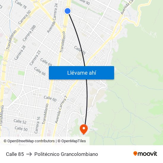 Calle 85 to Politécnico Grancolombiano map