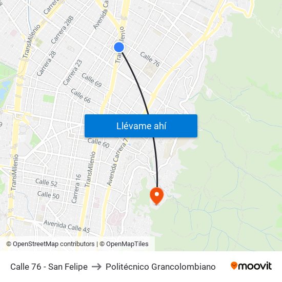 Calle 76 - San Felipe to Politécnico Grancolombiano map