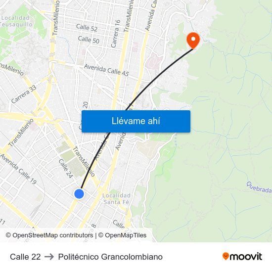 Calle 22 to Politécnico Grancolombiano map