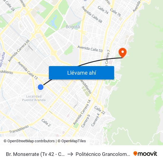 Br. Monserrate (Tv 42 - Cl 11a) to Politécnico Grancolombiano map