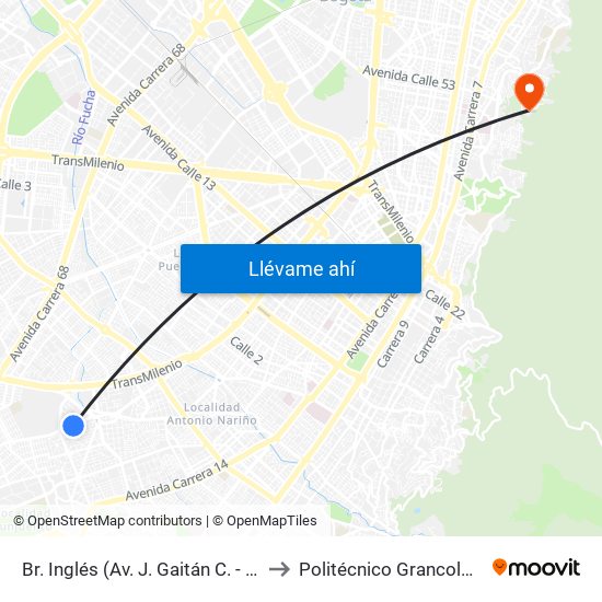 Br. Inglés (Av. J. Gaitán C. - Cl 41 Sur) to Politécnico Grancolombiano map