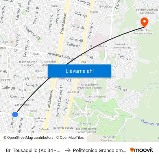 Br. Teusaquillo (Ac 34 - Kr 20) to Politécnico Grancolombiano map