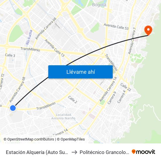 Estación Alquería (Auto Sur - Kr 51f) to Politécnico Grancolombiano map