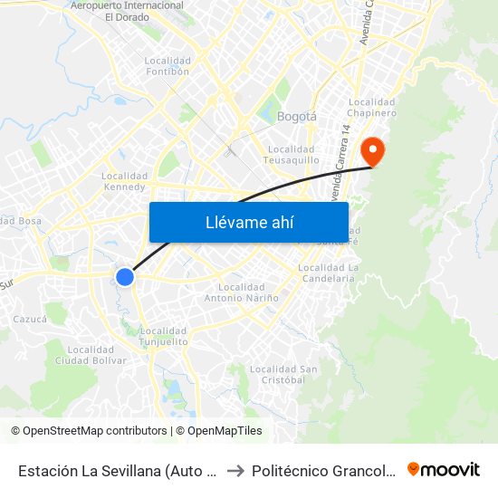 Estación La Sevillana (Auto Sur - Kr 60) to Politécnico Grancolombiano map