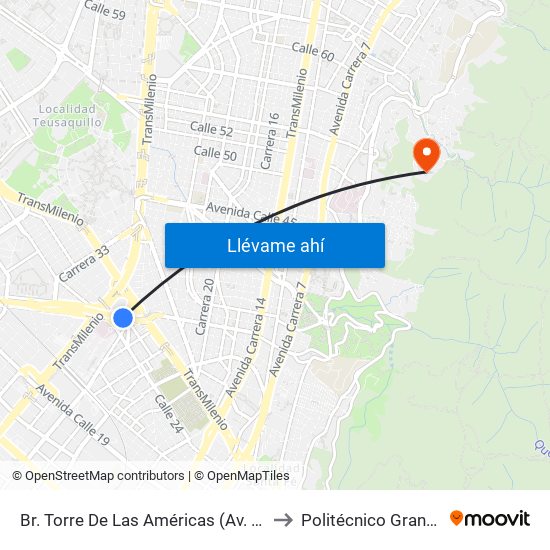 Br. Torre De Las Américas (Av. Américas - Kr 27b) to Politécnico Grancolombiano map