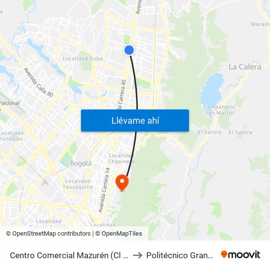 Centro Comercial Mazurén (Cl 152 - Auto Norte) to Politécnico Grancolombiano map