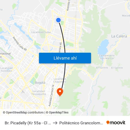 Br. Picadelly (Kr 55a - Cl 163) to Politécnico Grancolombiano map