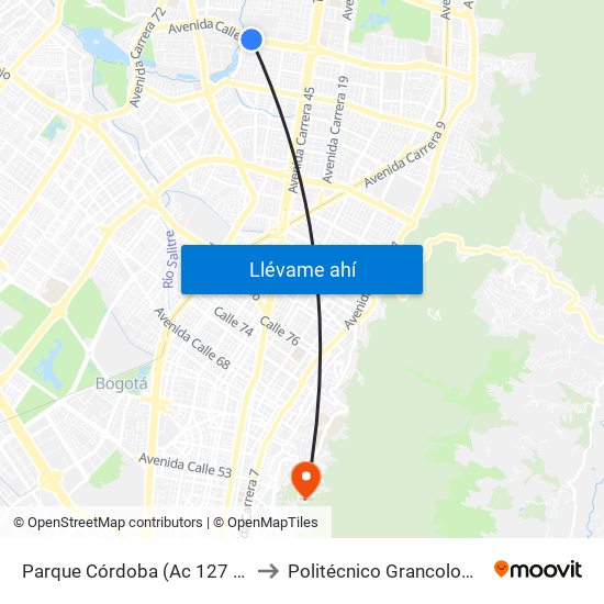 Parque Córdoba (Ac 127 - Kr 54) to Politécnico Grancolombiano map