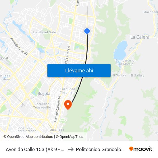 Avenida Calle 153 (Ak 9 - Ac 153) to Politécnico Grancolombiano map