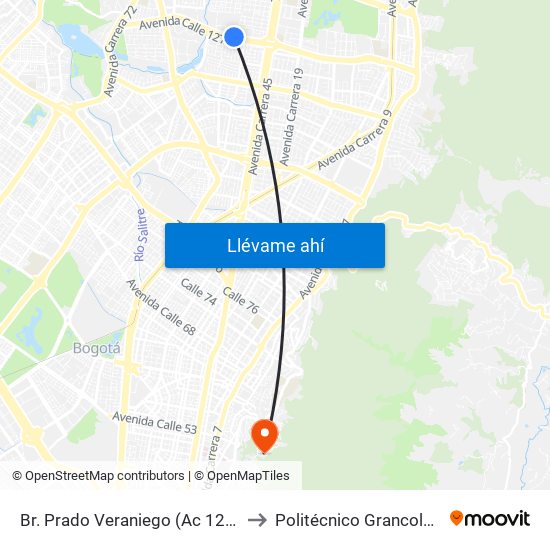 Br. Prado Veraniego (Ac 127 - Kr 51a) to Politécnico Grancolombiano map