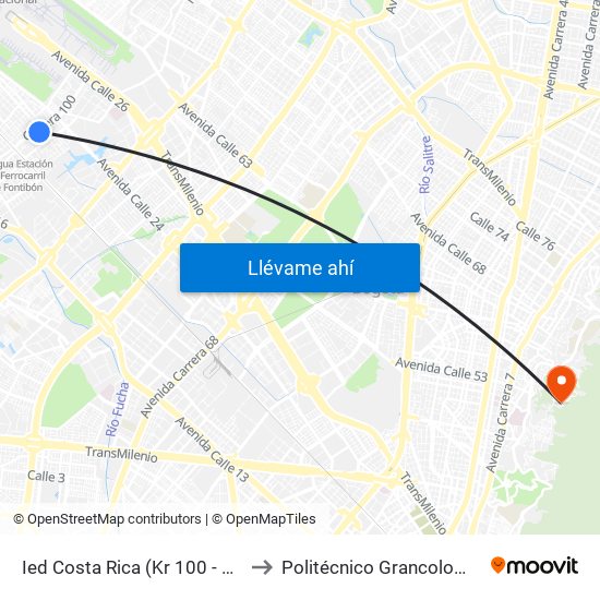 Ied Costa Rica (Kr 100 - Cl 23b) to Politécnico Grancolombiano map