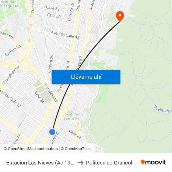Estación Las Nieves (Ac 19 - Kr 9) (B) to Politécnico Grancolombiano map