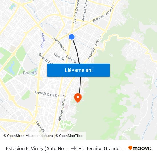 Estación El Virrey (Auto Norte - Cl 88) to Politécnico Grancolombiano map