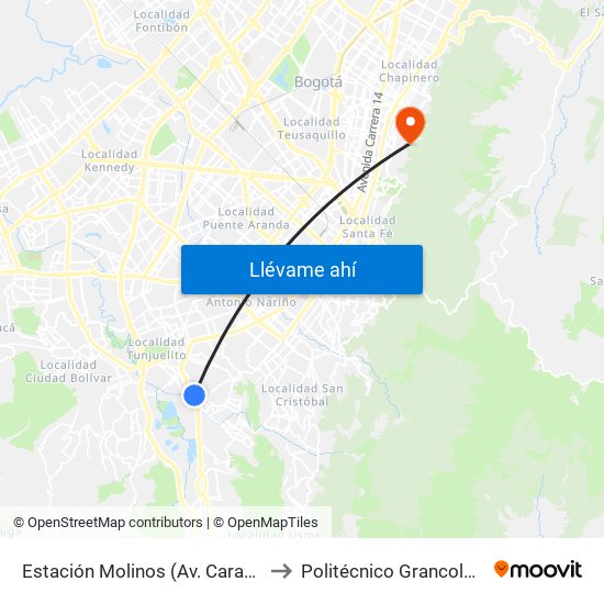 Estación Molinos (Av. Caracas - Kr 7) to Politécnico Grancolombiano map