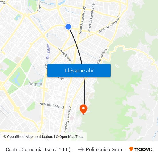 Centro Comercial Iserra 100 (Ac 100 - Tv 55) (A) to Politécnico Grancolombiano map