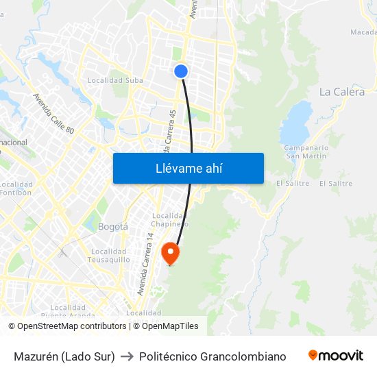 Mazurén (Lado Sur) to Politécnico Grancolombiano map