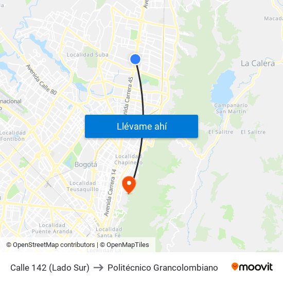 Calle 142 (Lado Sur) to Politécnico Grancolombiano map