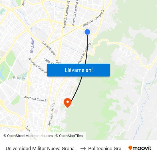 Universidad Militar Nueva Granada (Ac 100 - Kr 10) (A) to Politécnico Grancolombiano map